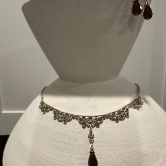 Sterling silver, Garnet, and Marcasite necklace with earrings.